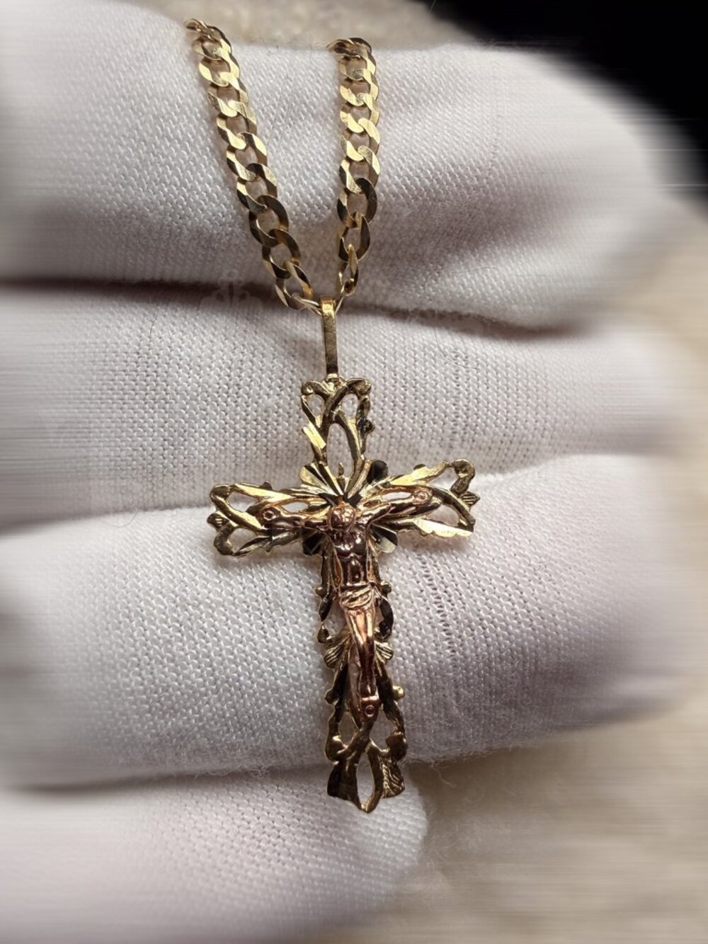 14K Two Tone Gold Fancy Crucufix Pendant With 2.7mm Cuban Chain - 24 inch
